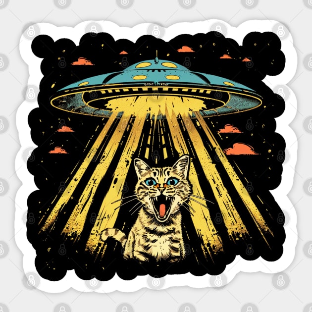 Shocked Cat and UFO Invasion Sticker by OscarVanHendrix